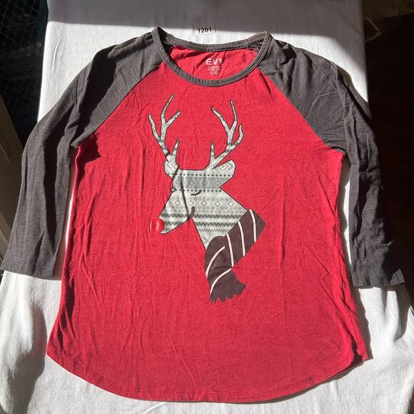 EV1 Women’s 3/4 Sleeve Screw Neck t-shirt size L, Red & Gray, Reindeer Christmas - Picture 1 of 5